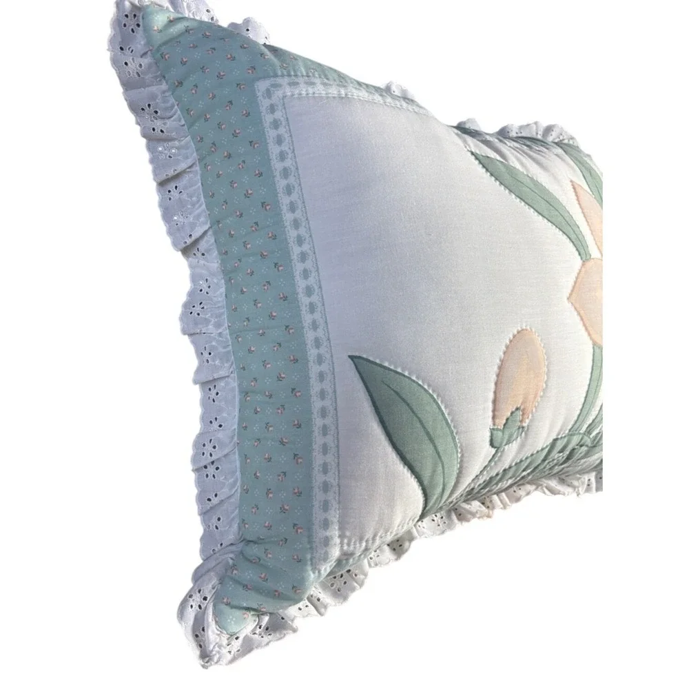 Vintage Oversized Quilted Tiger Lilly Decorative Pillow w/Ruffle CottageCore 80s